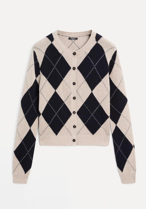 Cotton Blend Argyle Knit Cardigan 