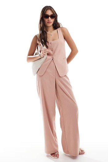 Square Neck Waistcoat In Pink Brushed Stripe Co-Ord