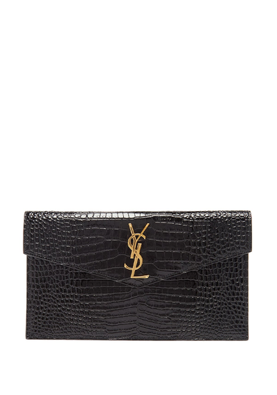 Uptown YSL-Plaque Crocodile-Effect Leather Clutch from Saint Laurent 