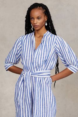 Striped Belted Linen Shirtdress