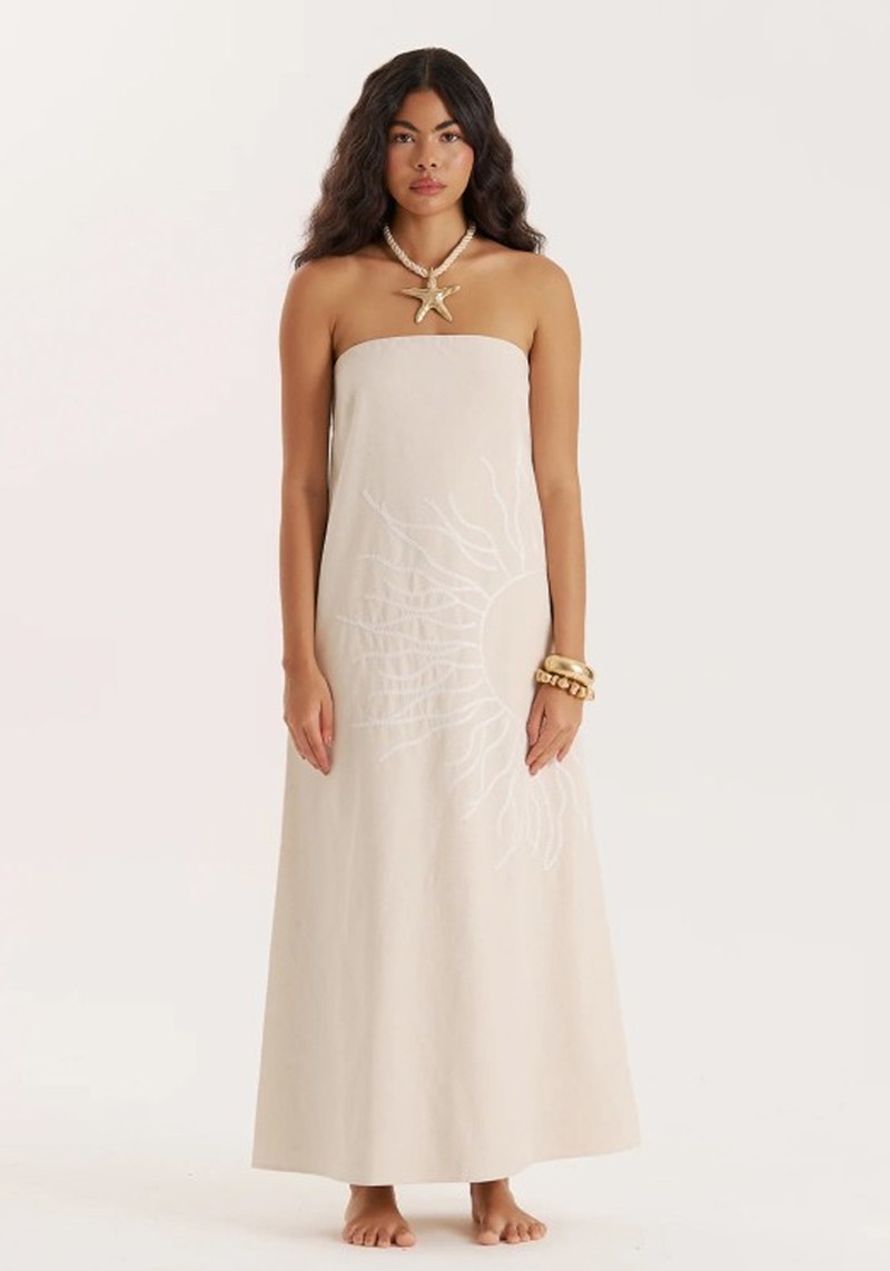 Sun Embroidery Linen Blend Bandeau Dress