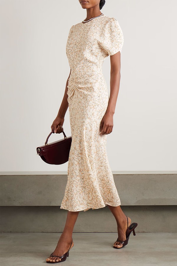 Gathered Floral-Print Voile Midi Dress from Victoria Beckham