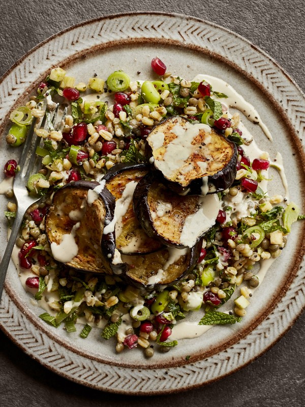 Roasted Aubergine Salad With Wheatberries