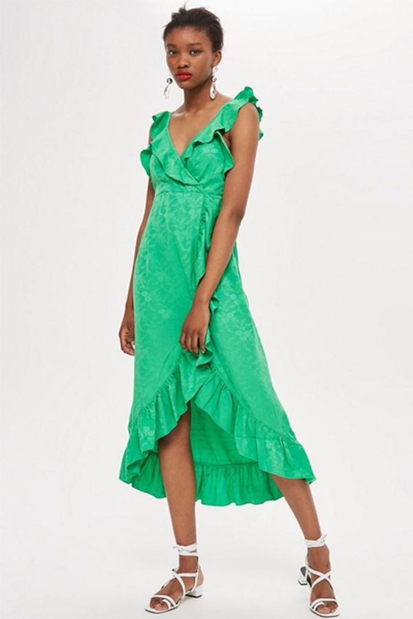 Jacquard Ruffle Wrap Midi Dress