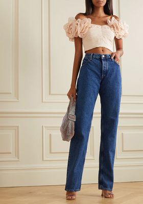 Off The Shoulder Cropped Ruched Silk Crepe De Chine Top