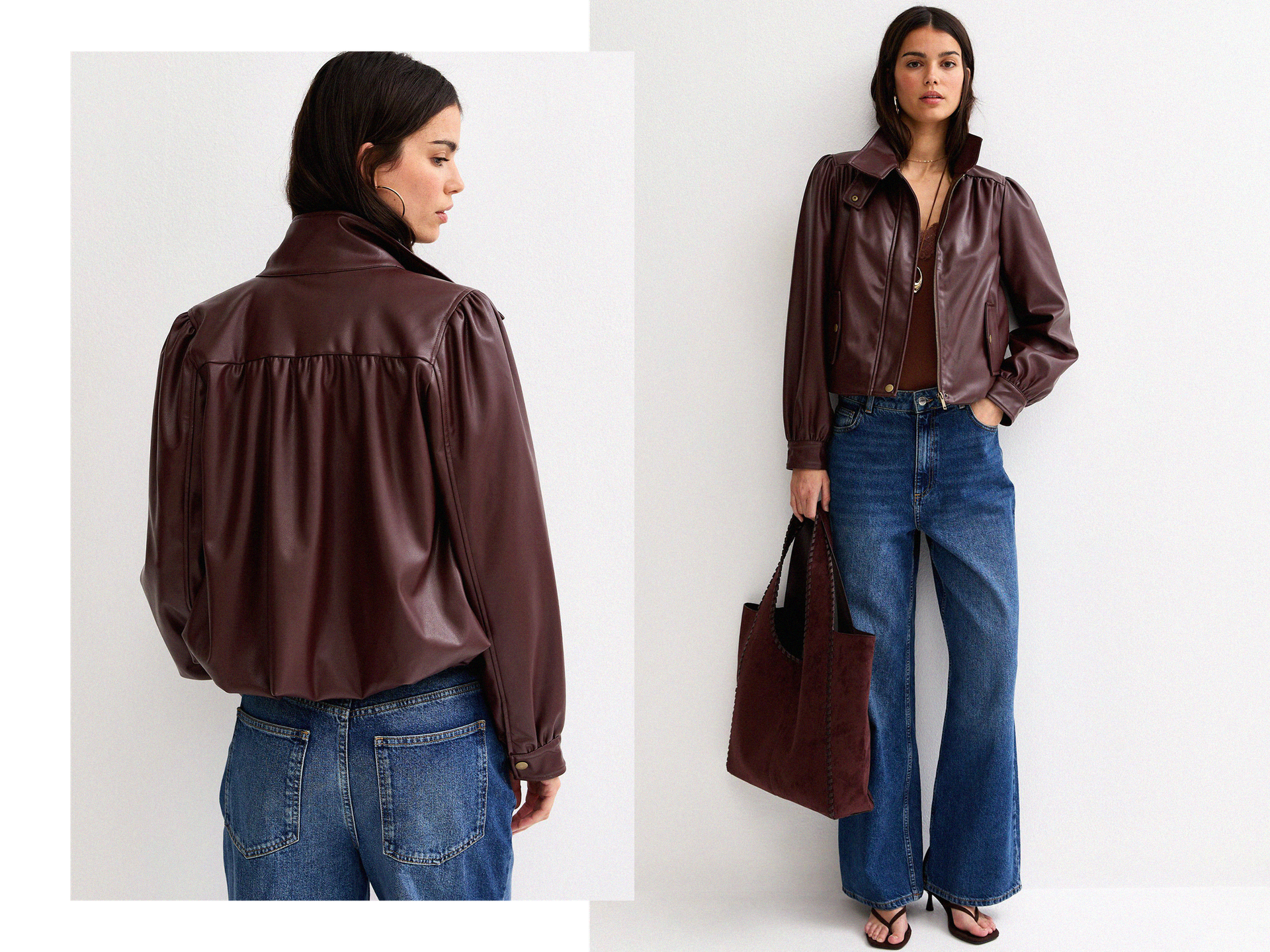  Faux Leather Funnel Neck Jacket