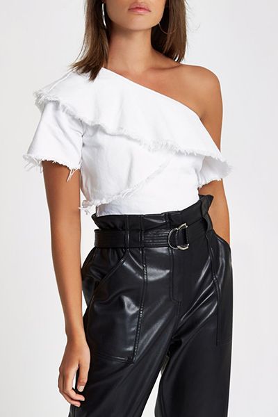 White One Shoulder Denim Frill Top