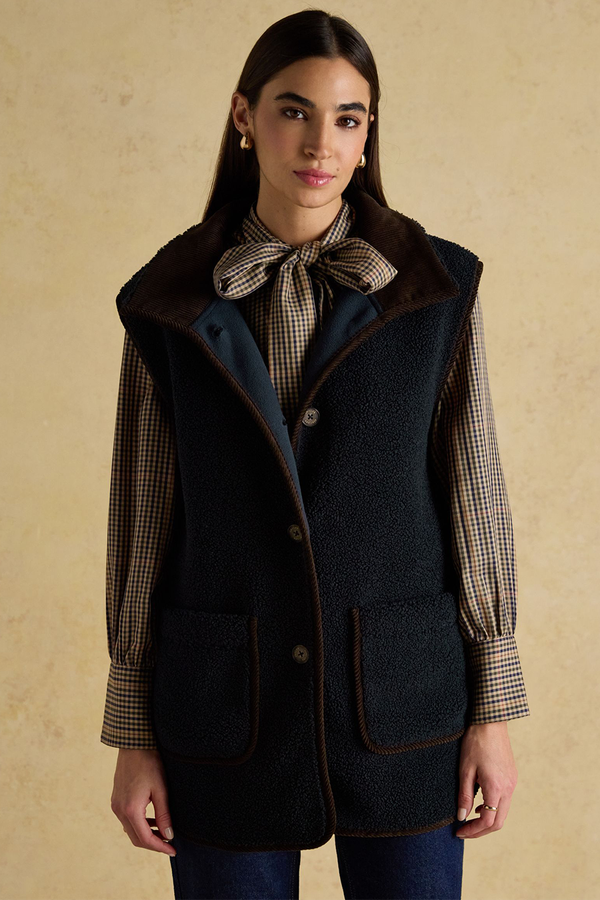 Sadie Navy Longline Button Through Fleece Gilet from Joules