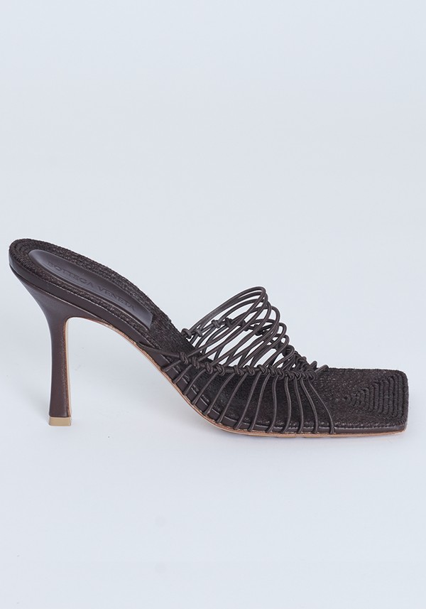Brown Leather And Raffia Stretch Square Toe Sandals from Bottega Veneta