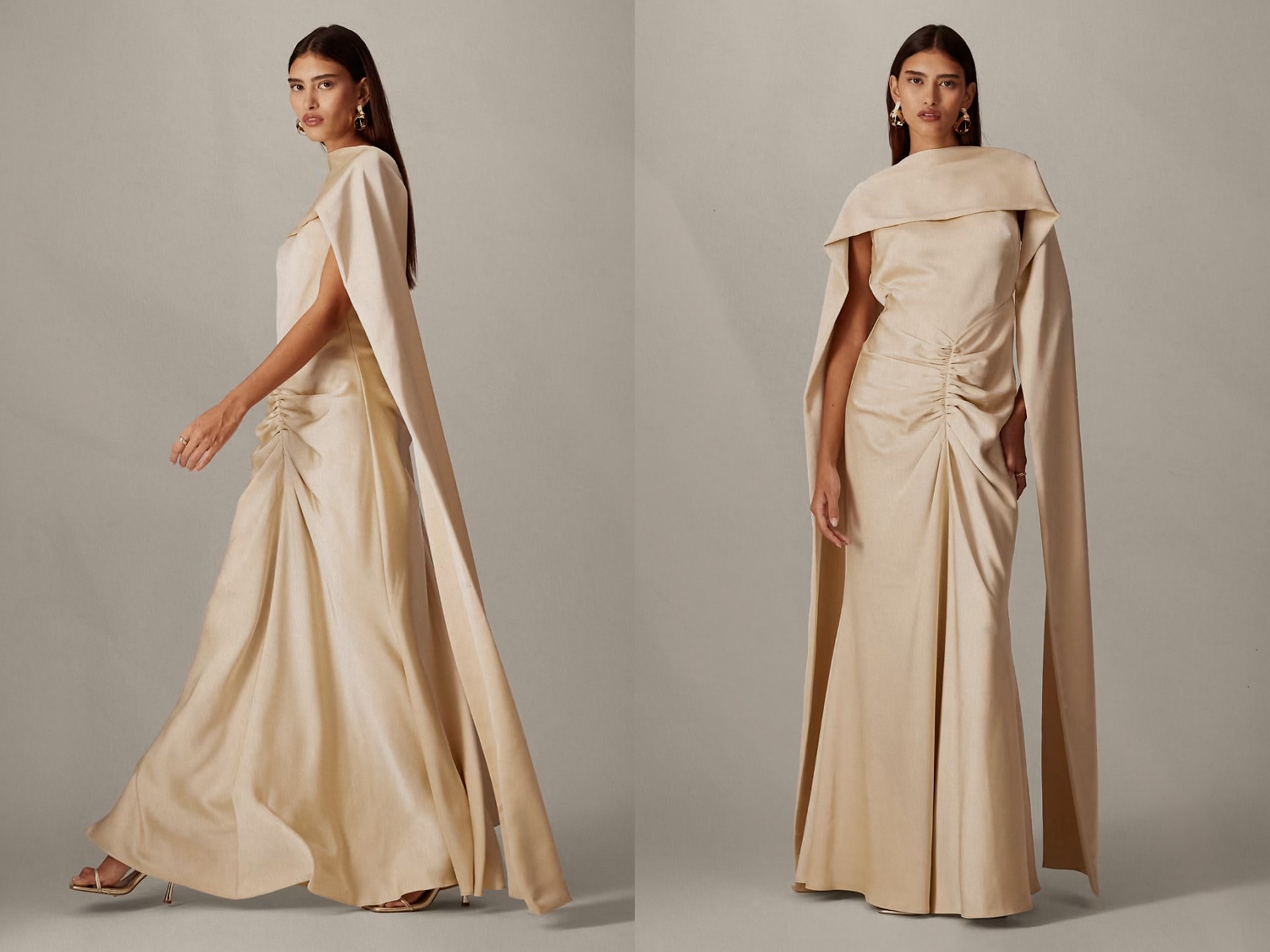 Pleated Waist High Neck Back Drape Satin Maxi Dress from ARRANGE
