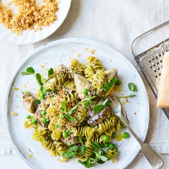 Green Pea Fusilli With Grilled Artichokes, Peas And Lemon Pangritata 