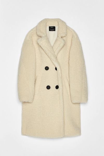 Long Faux Shearling Double-Breasted Coat from Bershka