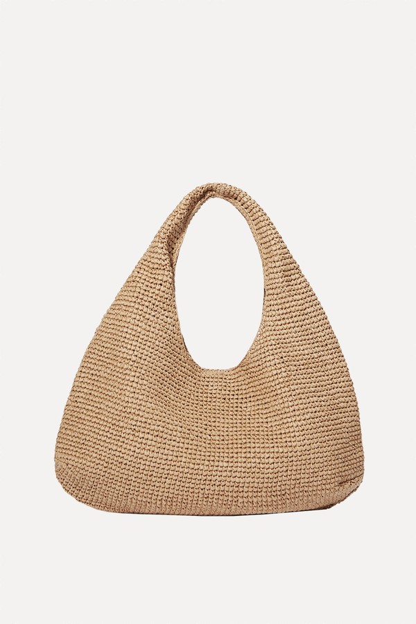 Leather-Piping Straw Shoulder Bag