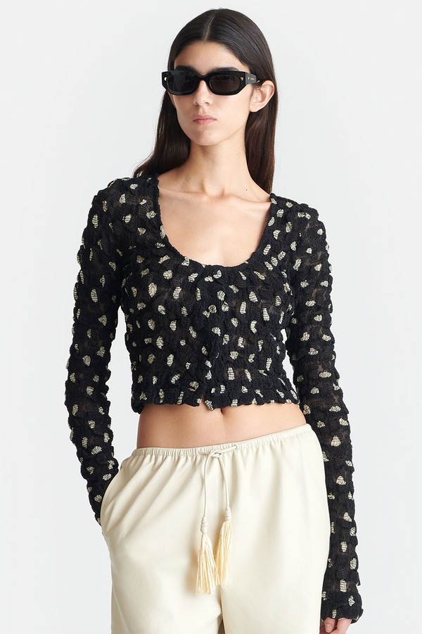 Jylan Cropped Seersucker Tech Chiffon Top