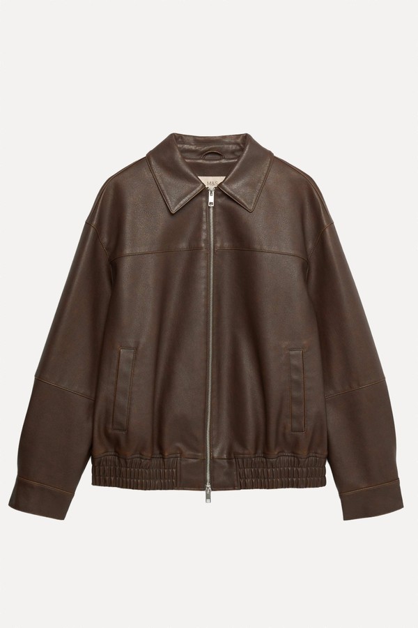 Faux Leather Aged Collared Bomber Jacket