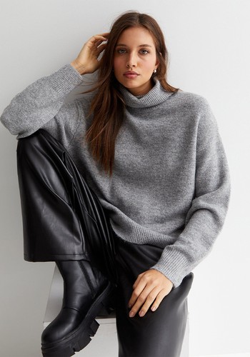 Grey Knit Roll Neck Jumper