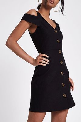 Black Button Through Bardot Midi Dress