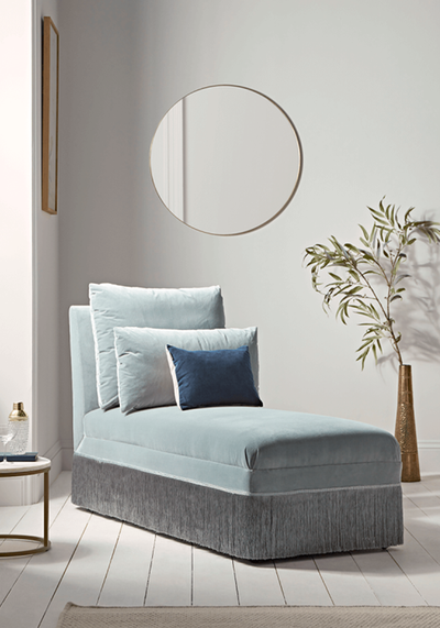 Soft Blue Fringed Velvet Chaise