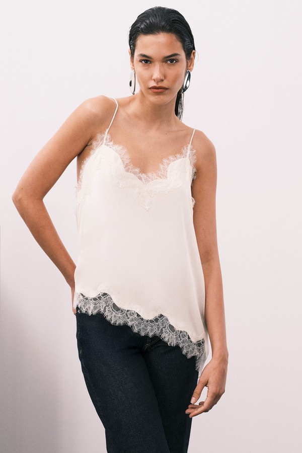 Asymmetric Hem Satin Cami Top With Lace Edge from  Mango