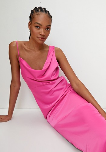 Draped Shoulder Cowl Neck Satin Maxi Dress