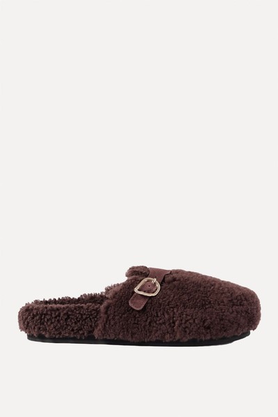 Vasilitsa Buckled Suede-Trimmed Shearling Mules from ANCIENT GREEK SANDALS