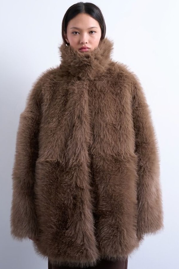 Faux Fur Funnel Neck Mid Length Coat from Topshop