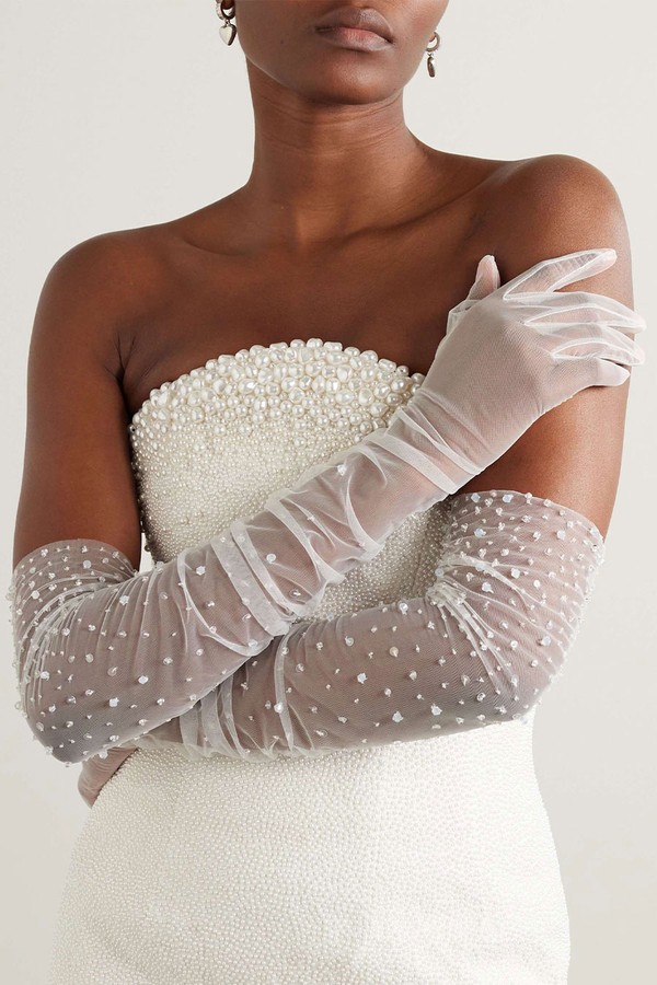 Chantilly Embellished Ruched Tulle Gloves from Clio Peppiatt
