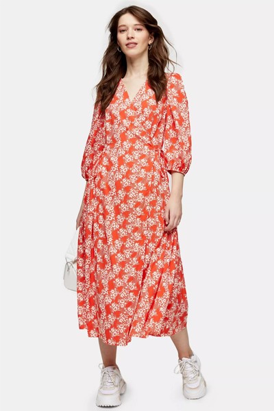 Red Floral Print Kimono Wrap Midi Dress