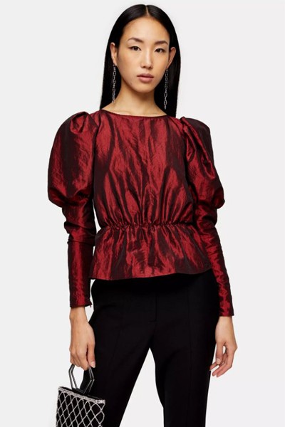 Burgundy Long Sleeve Puff Taffeta Blouse