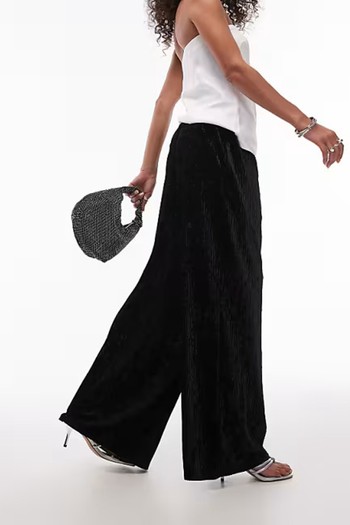 Crushed Velvet Wide Leg Trousers With Skinny Waistband