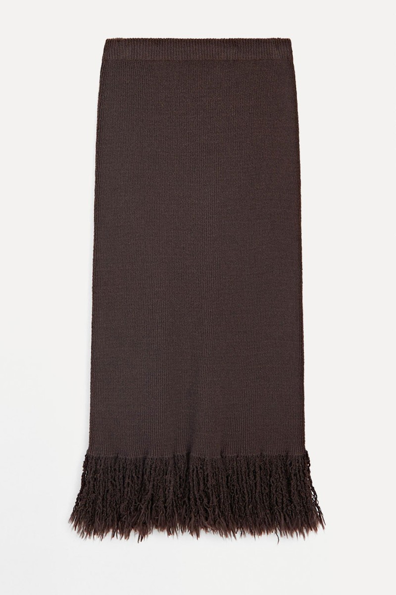 Long Knit Skirt With Fringed Hem from Massimo Dutti