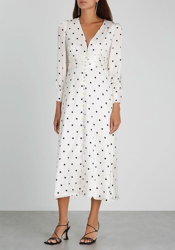 Valentina Polka-Dot Satin Midi Dress from Olivia Rubin