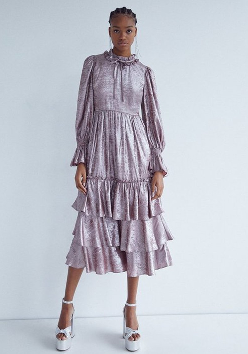 Ruffle Tie Collar Frill Tiered Midi Foil Dre from Warehouse