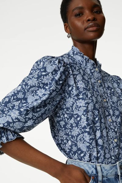Pure Cotton Floral High Neck Blouse from Marks & Spencer