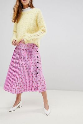 Pleated Midi Skirt in Floral Print with Side Buttons from Asos