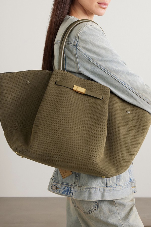 New York Large Leather-Trimmed Perforated Suede Tote from DeMellier