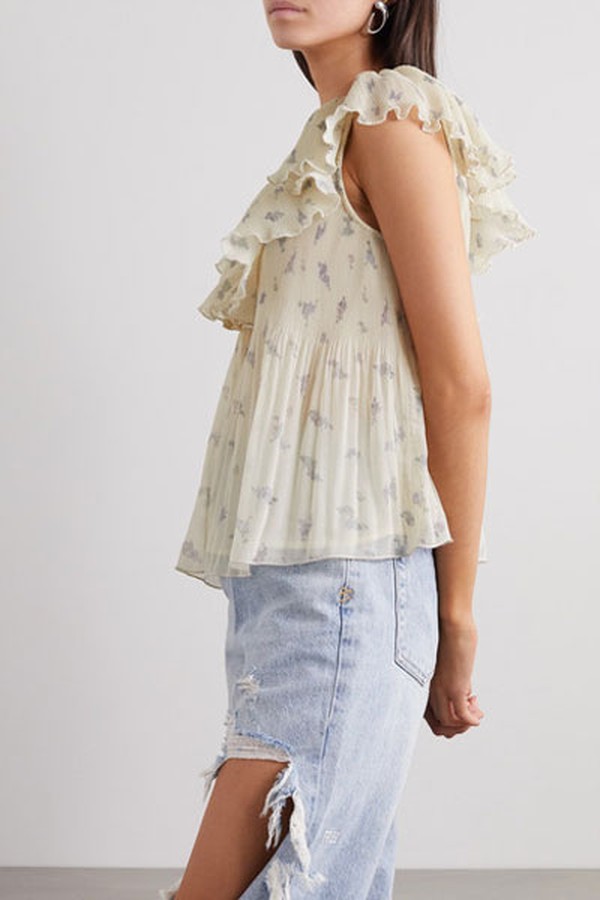 Ruffled Floral-Print Plissé-Georgette Blouse from Ganni