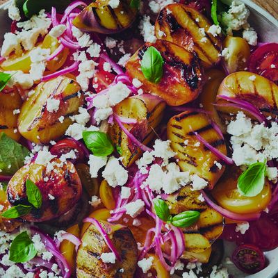 Grilled Peaches With Tomatoes, Basil And Feta