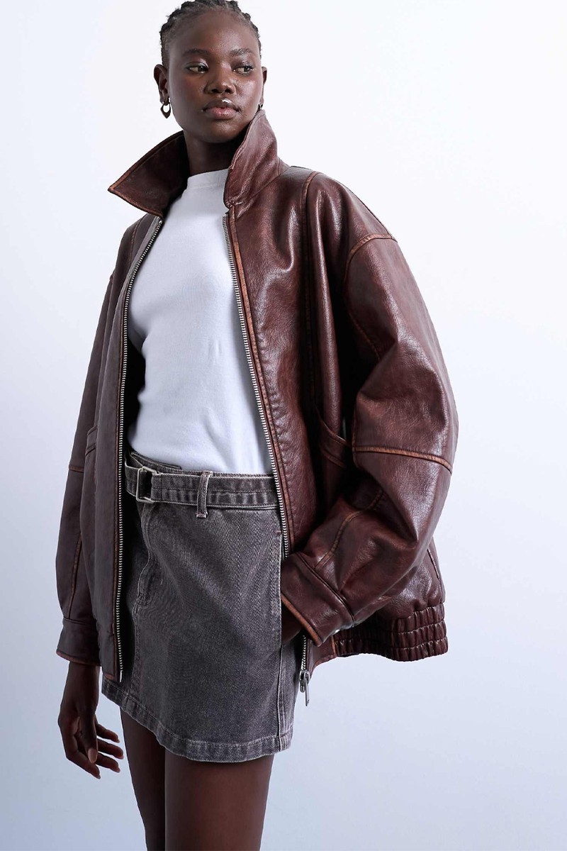 Faux Leather Contrast Heavy Wash Bomber Jacket