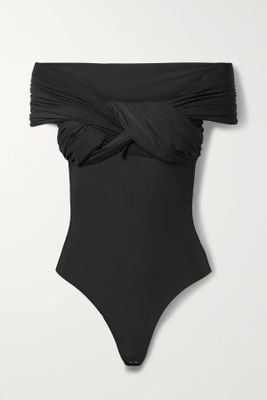 The Odette Off-The-Shoulder Twist-Front Ruched Stretch-Jersey Thong Bodysuit from GOLDSIGN