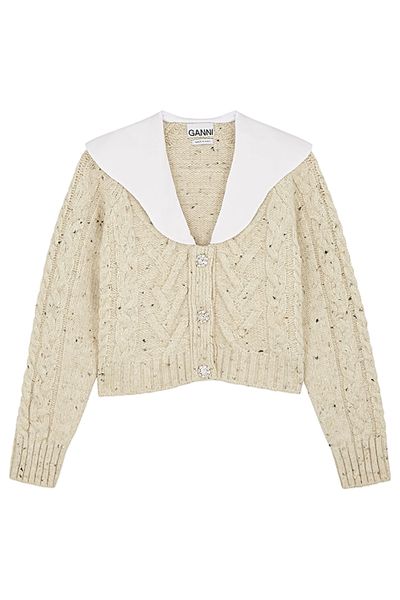Cream Cable-Knit Wool Blend Cardigan from Ganni