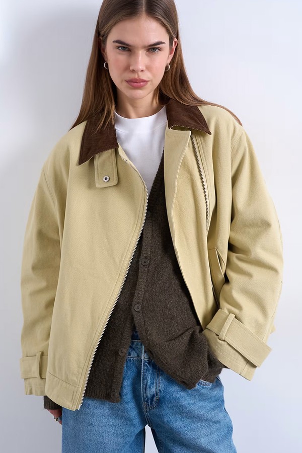 Washed Zip Front Jacket With Contrast Cord Collar
