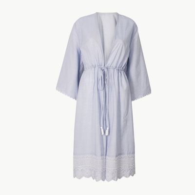  Pure Cotton Broderie Sleeve Wrap Dressing Gown