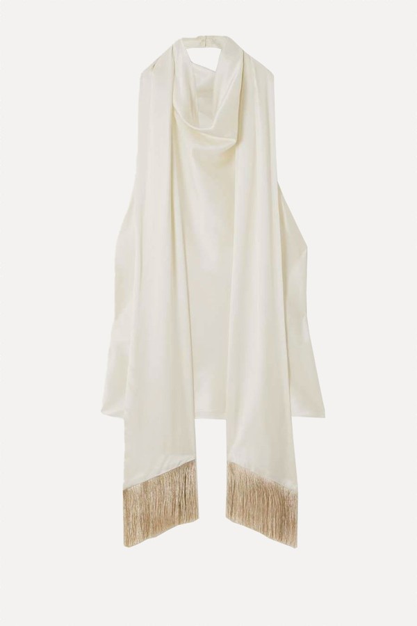 Fringed Scarf-Detailed Draped Satin Halterneck Top from Nina Ricci