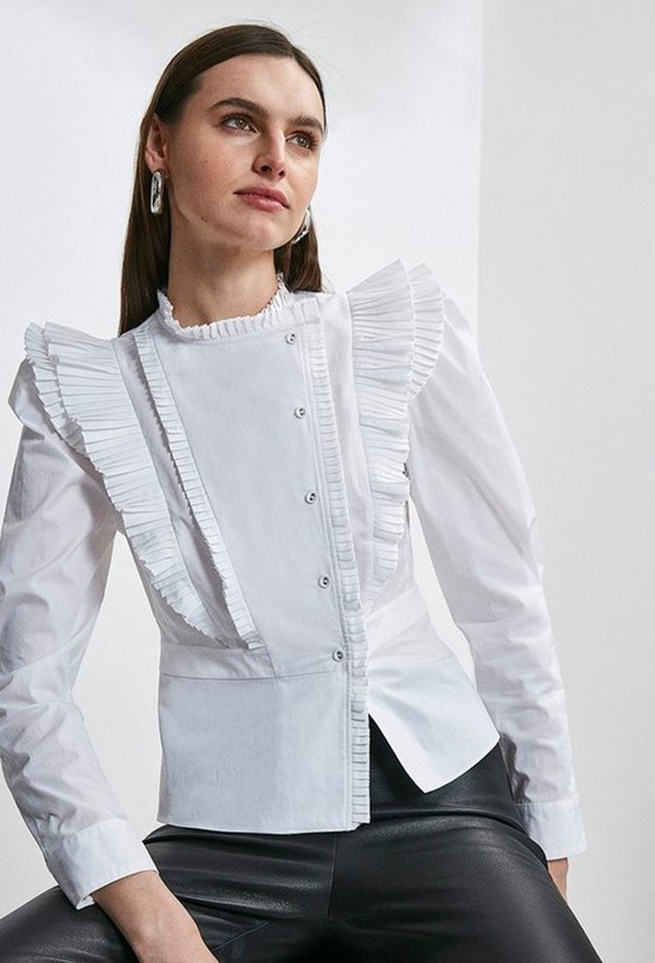 Pleat Ruffle Button Detail Blouse