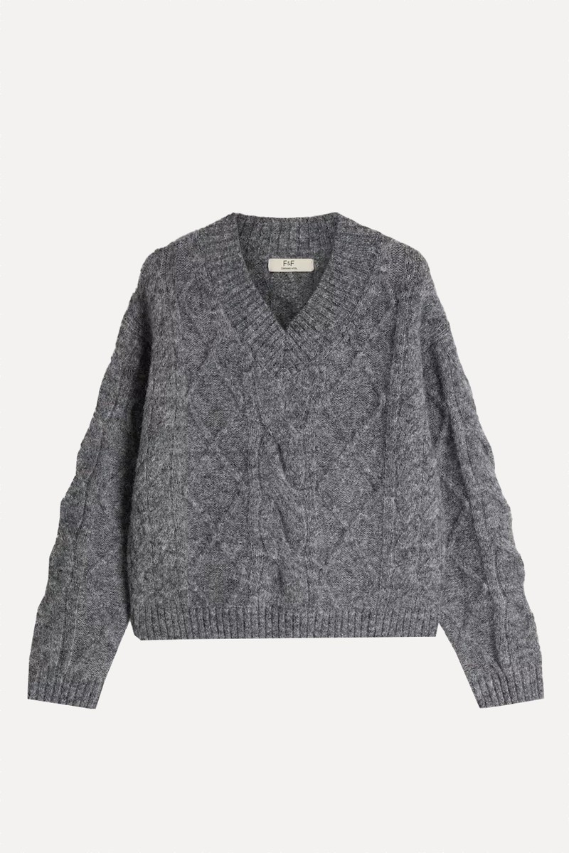  Cable Knit V Neck Jumper With Wool