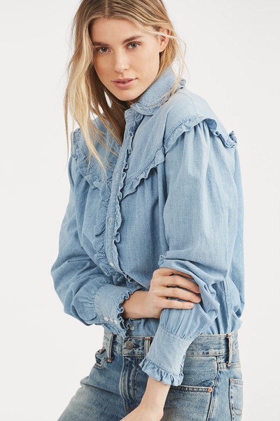 Ruffle Trim Denim Shirt