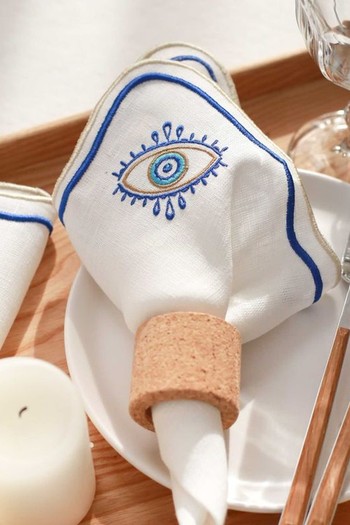 Set Of 2 Evil Eye Embroidery Linen Napkins from KM Home Collection