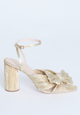 Gold Plisse-Lame Bow-Embellished Camellia Heeled Sandals from Loeffler Randall