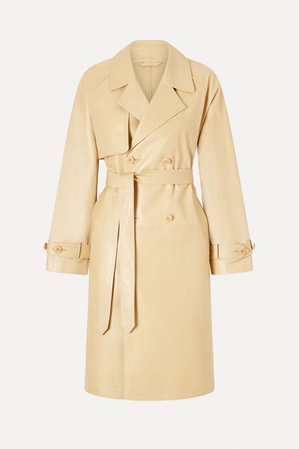 Double-Breasted Belted Leather Trench Coat from Nour Hammour